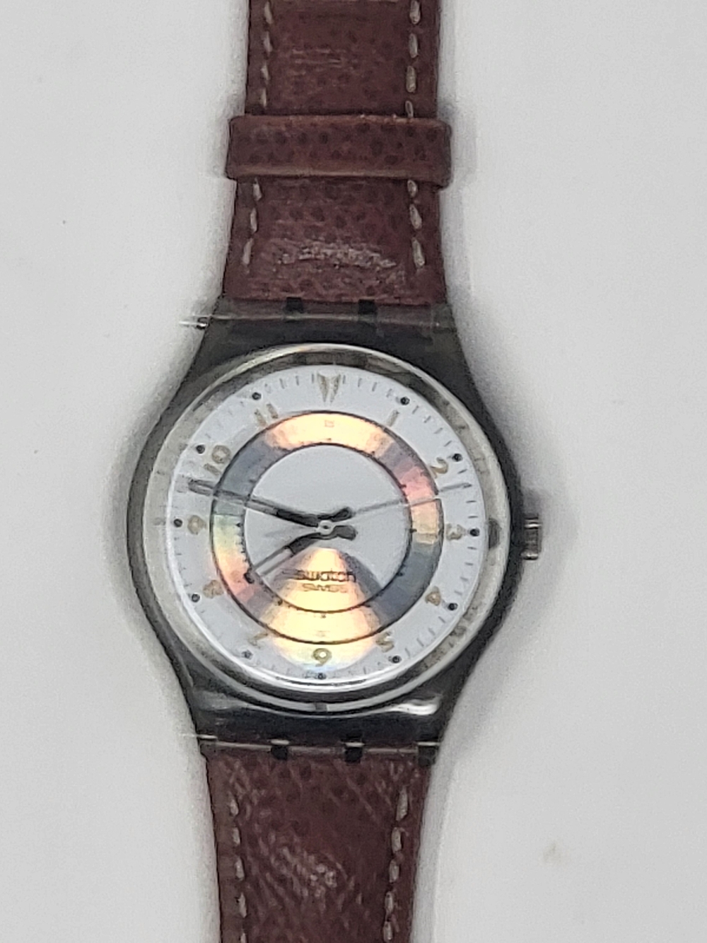 Swatch Silver Dial Brown Leather Strap Watch